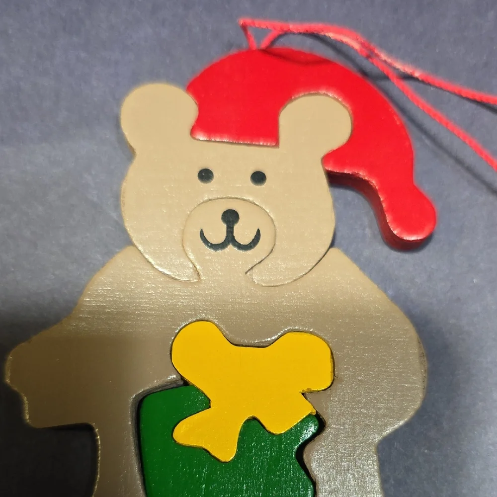 Giftco Holiday Puzzler Wooden Ornament Teddy Bear Christmas Santa Hat,‎ Vintage